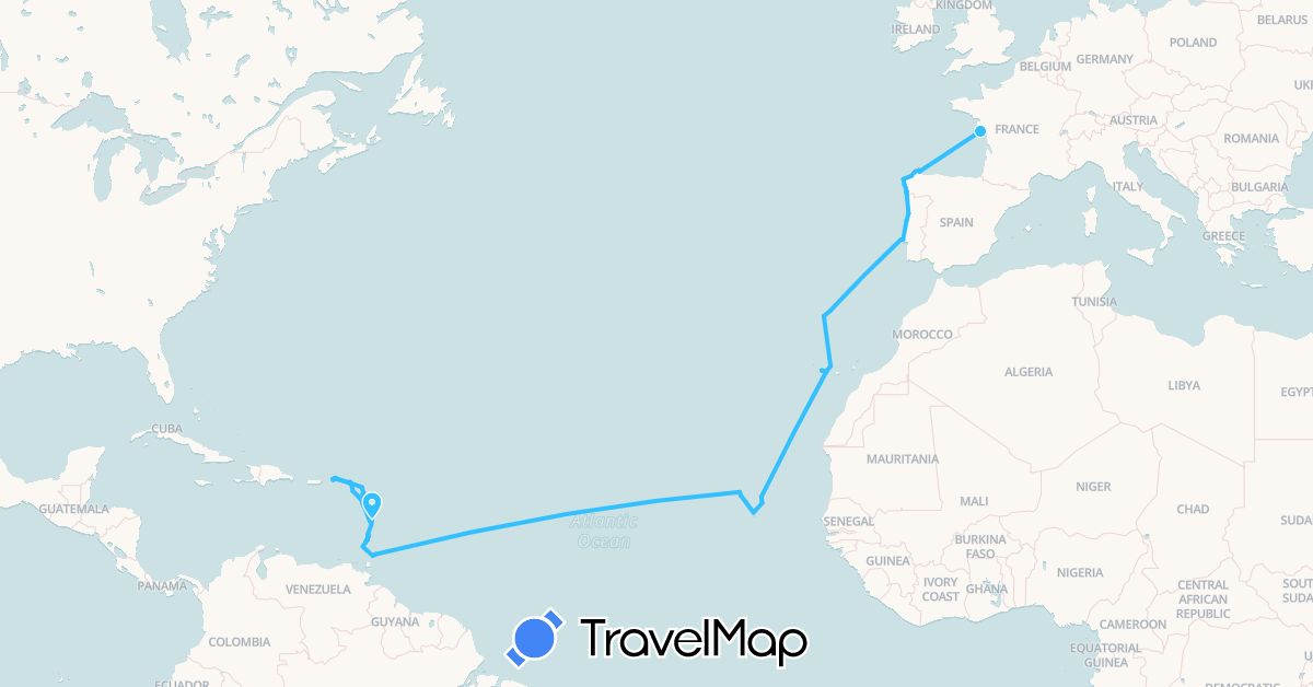 TravelMap itinerary: driving, boat in Antigua and Barbuda, Saint Barthélemy, Cape Verde, Dominica, Spain, France, Grenada, Guadeloupe, Saint Kitts and Nevis, Saint Lucia, Saint Martin, Martinique, Montserrat, Portugal, Trinidad and Tobago, Saint Vincent and the Grenadines, British Virgin Islands (Africa, Europe, North America)